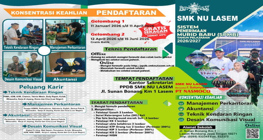 RESMI DIBUKA! PENDAFTARAN PESERTA DIDIK BARU (SPMB) SMK NU LASEM GELOMBANG 2